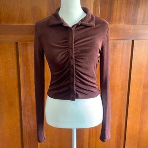 Garage, brown bodycon, cropped, button down shirt.